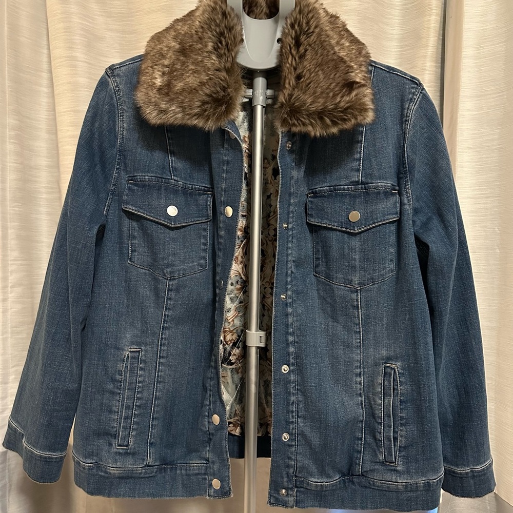 Chico's Blue Jean Jacket with Detachable Brown Faux Fur Collar